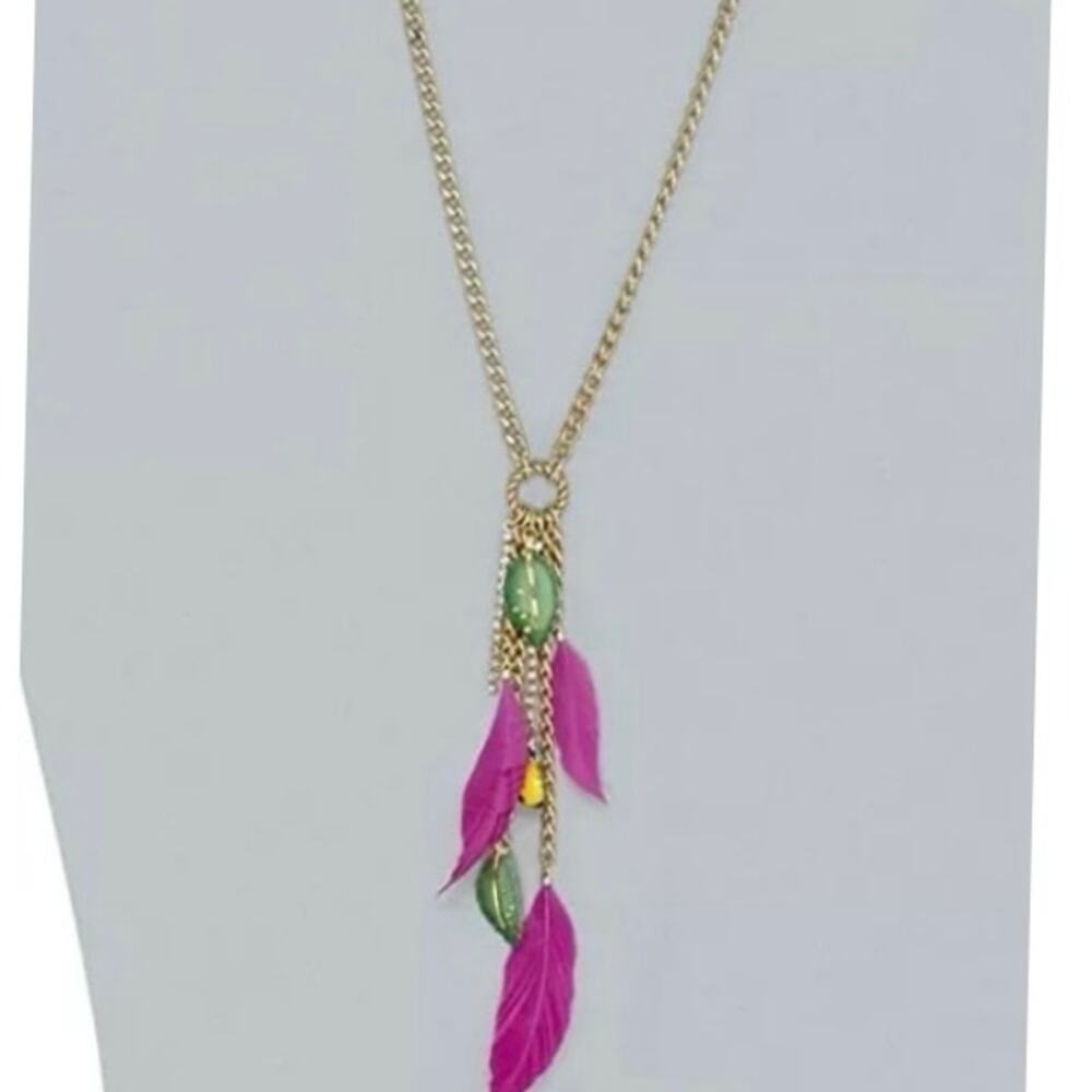 Betsey‎ Johnson HAWAIIAN LUAU Ladybug Leaf & Pink Feather Y Necklace